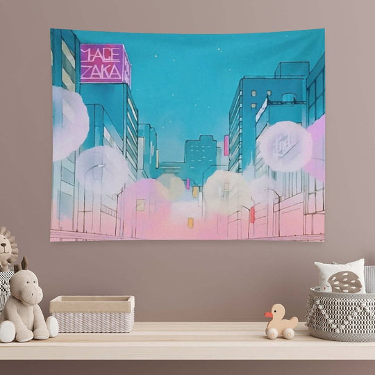 Vintage Anime City Background Tapestry