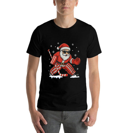 Santa Playing Ice Hockey Goalie Christmas  Tagless Design T-Shirt