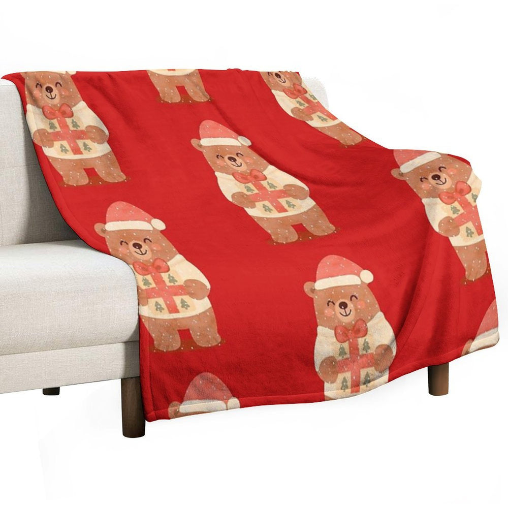 Cute Christmas Bear with Gift – Holiday Winter Illustration Travel-friendly Throw Blanket
