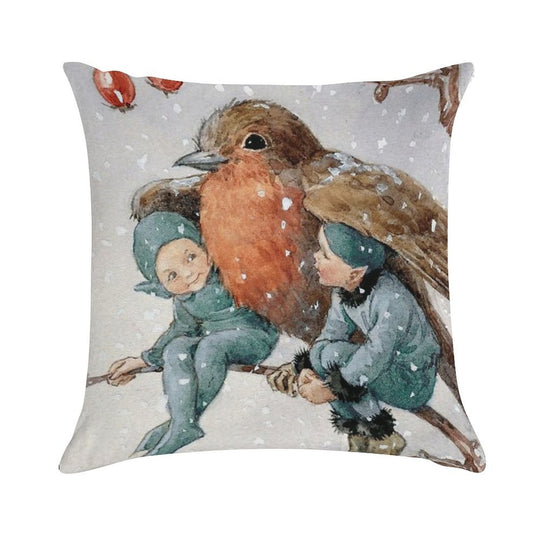 Christmas Elves Sheltering with A Robin - Margaret Tarrant Soft Ultra-Soft Texture Throw Pillow