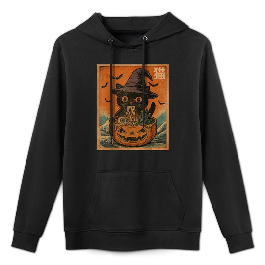 Spooky Black Cat Eating Ramen Japanese Halloween Women Girl Relaxed Fit Hoodie