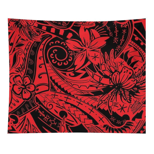 Polynesian Tribal Lava Red Leaf And Floral Print Tapestry