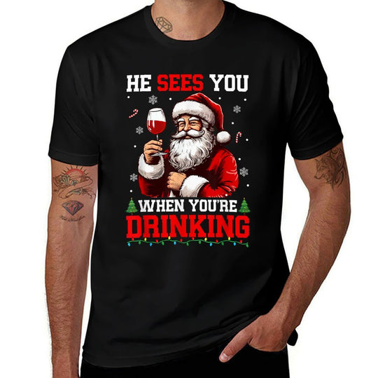 He Sees When Youre Drinking Christmas Santa Drinking Wine  Polyester Blend T-Shirt
