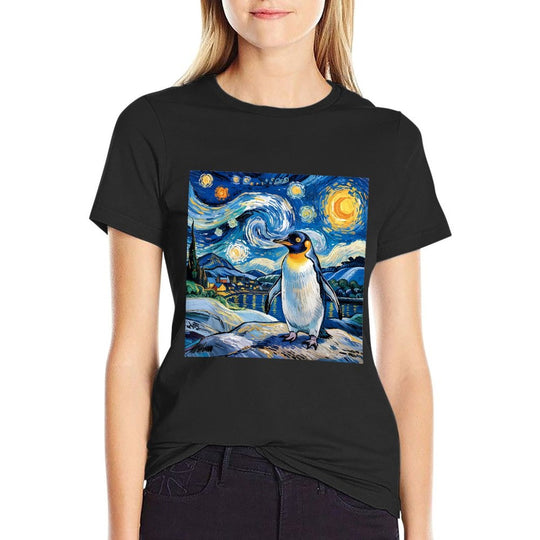 Penguin Starry Night Funny Penguin Art Van Gogh Style  Heathered Texture T-Shirt