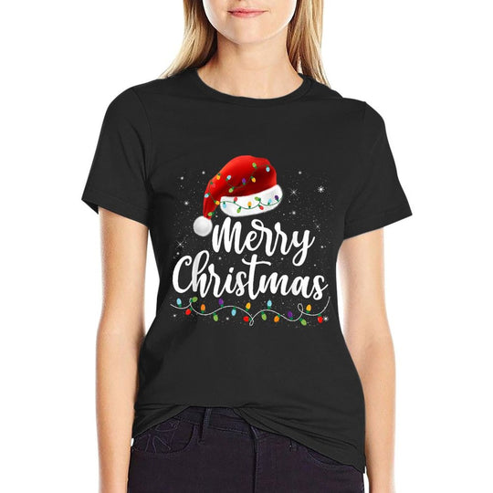 Merry Christmas Lights Red Santa Hat Xmas Family Men Women  Tagless Design T-Shirt