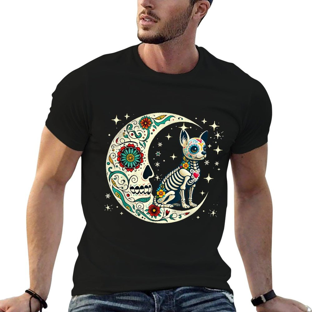 Dia De Los Muertos Halloween Moon Floral Skeleton Chihuahua  Soft T-Shirt