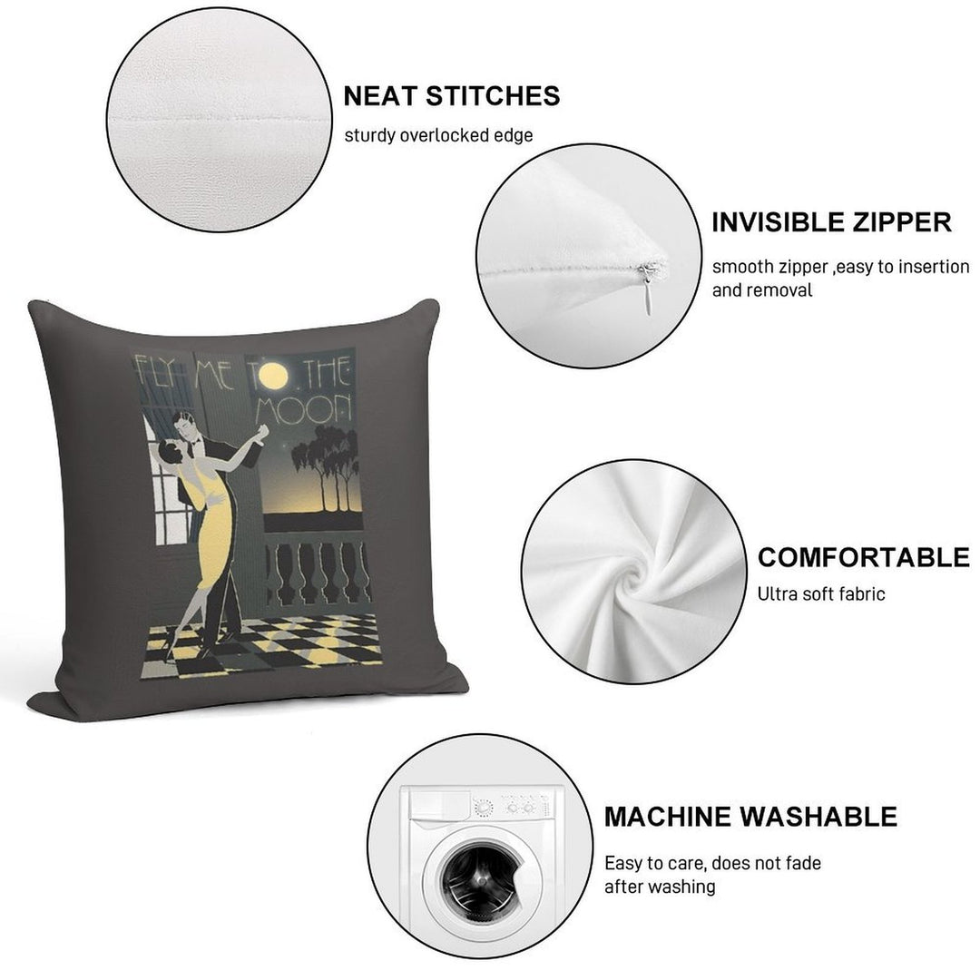 Fly Me To The Moon Vintage Art Deco Poster Soft Short Plush Fabric Throw Pillow