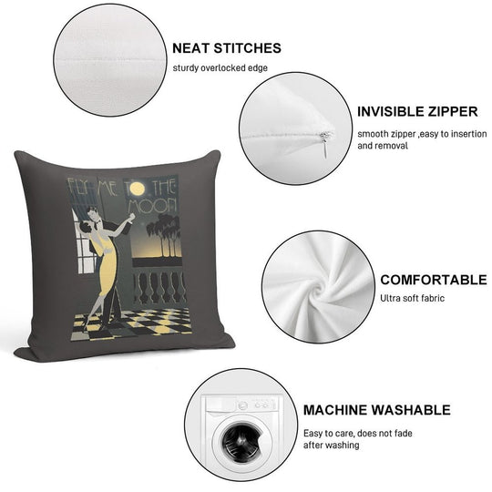 Fly Me To The Moon Vintage Art Deco Poster Soft Short Plush Fabric Throw Pillow
