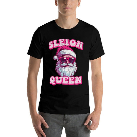 Groovy Retro Christmas Funny Pink Santa Sleigh Queen  Moisture-wicking T-Shirt