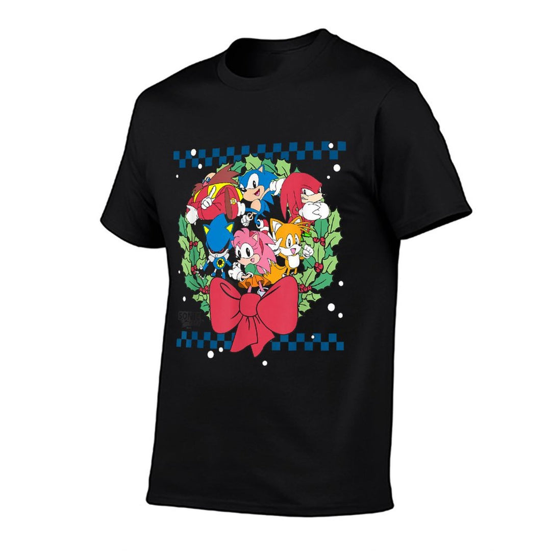 Sonic The Hedgehog Christmas Wreath Group Shot Chest Logo  Wrinkle-resistant T-Shirt