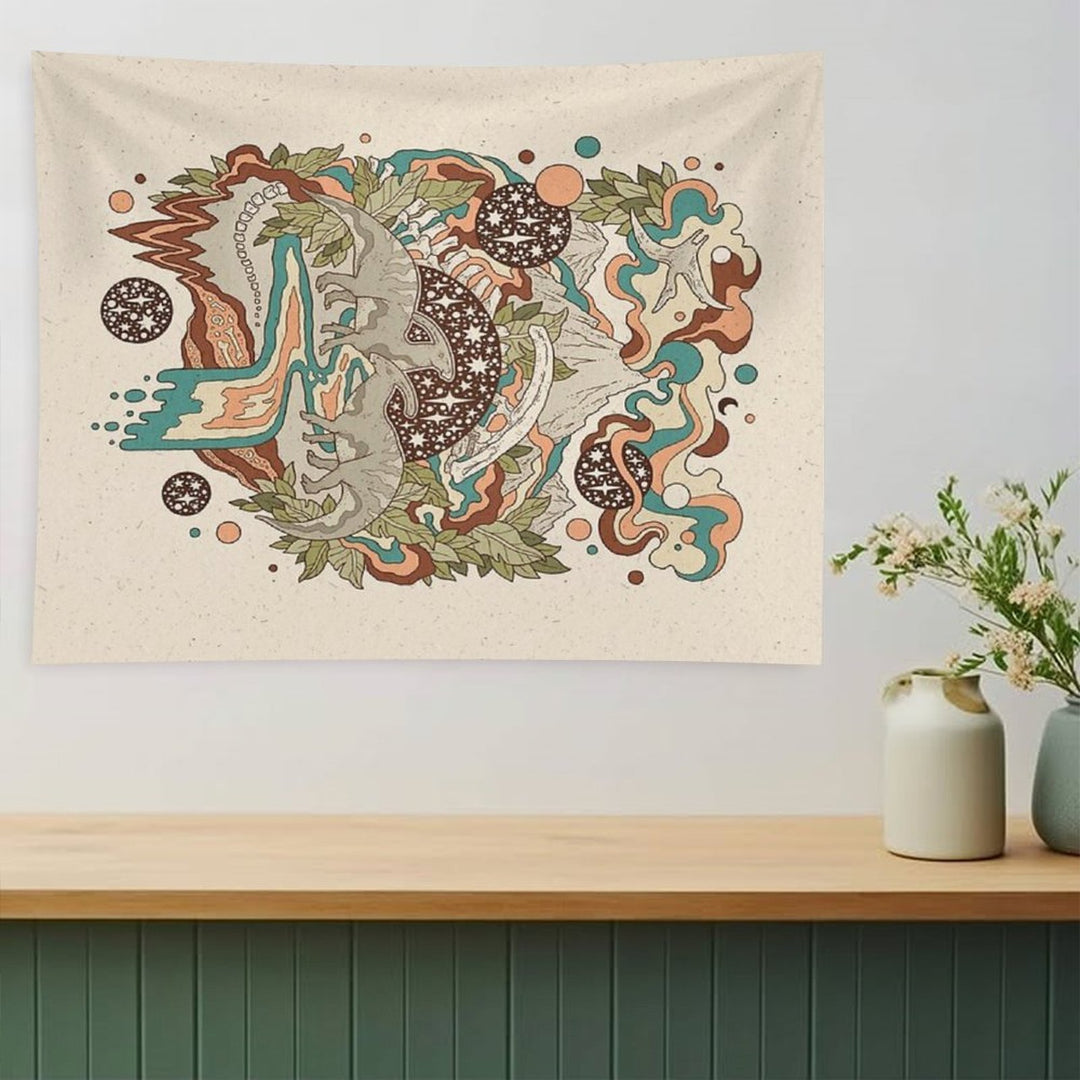 Lost Portal Parasaurolophus  Retro Rainbow Palette  Dinosaur Science Fiction Art Tapestry