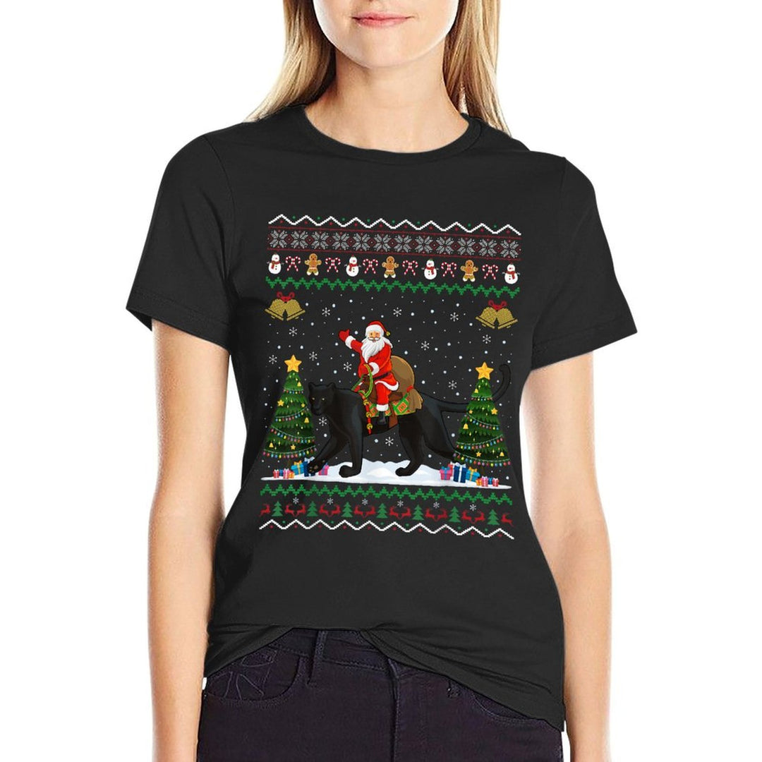 Funny Panther Lover Ugly Santa Riding Panther Christmas  Lightweight T-Shirt