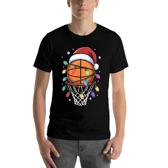 Christmas Basketball Santa Hat Xmas Light Basketball Lover  Slim-fit Cut T-Shirt