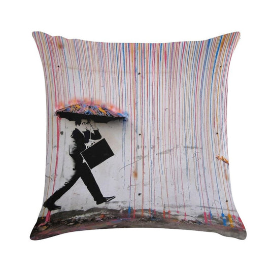Banksy Umbrella Rainbow Happy Girl Soft Reinforced Edging Throw Pillow