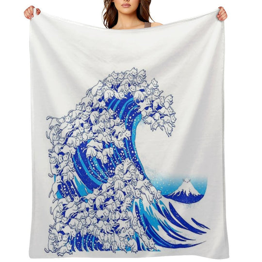 Kanagawa Cat Wave White Machine-washable Throw Blanket