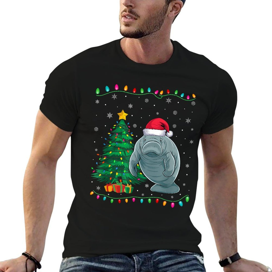 Manatee Santa Hat Men Women Kids Christmas Tree Lights  Soft T-Shirt