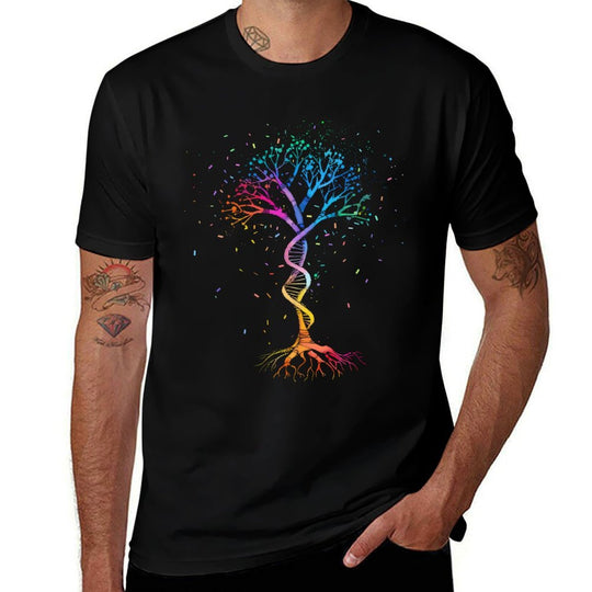 Colorful Tree Life Double Helix DNA Art  Ribbed Collar T-Shirt