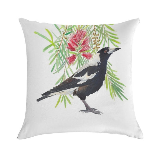 Australian Magpie And Bottlebrush Tree Branch with Red Flowers Watercolour Soft Easy Maintenance Throw Pillow