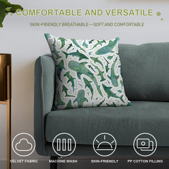 Monochrome Green Watercolour Shark Ocean on White Soft Fade-Resistant Throw Pillow