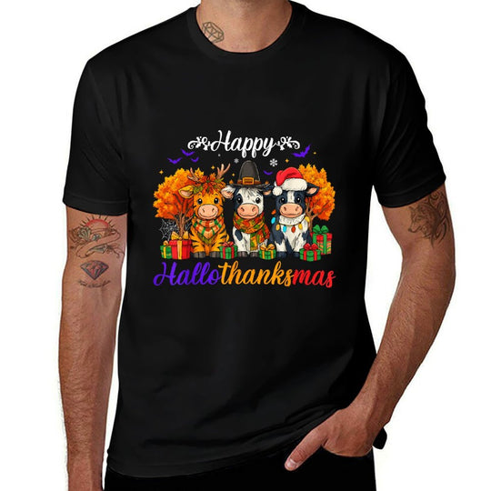 Happy HalloThanksMas Cows Gifts for Farmer  Fade-proof Color T-Shirt