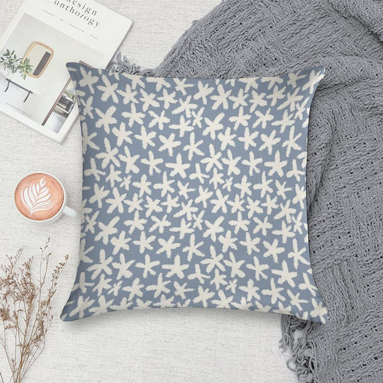 Minimal White Flower Pattern – Hand-Drawn Floral Design on Blue Soft Short Plush Fabric Throw Pillow