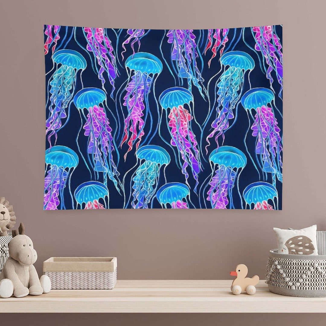 Luminescent Rainbow Jellyfish on Navy Blue Tapestry