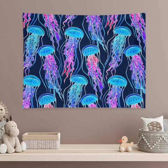 Luminescent Rainbow Jellyfish on Navy Blue Tapestry