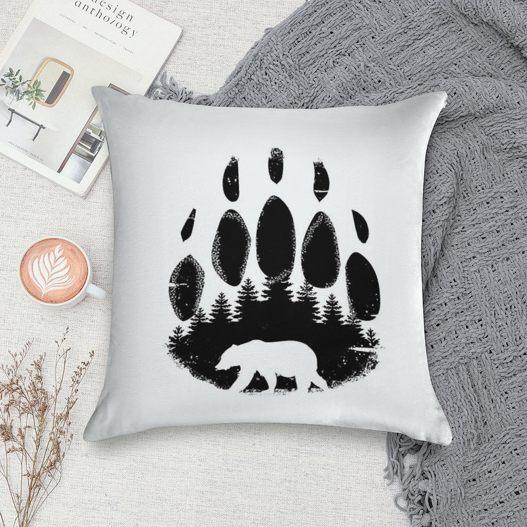 Black Bear Paw Print - Forest Landscape Soft Washable Throw Pillow