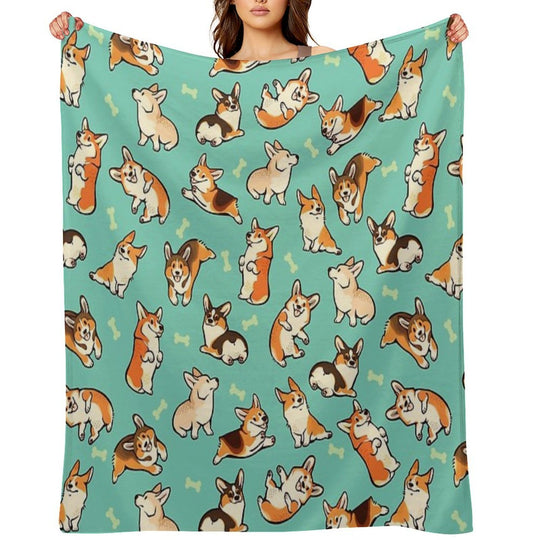 Jolly Corgis in Green Wrinkle-free Throw Blanket