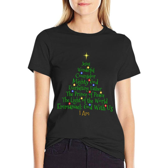 Christian Christmass Bible Names of Jesus Tree Shaped  Polyester Blend T-Shirt