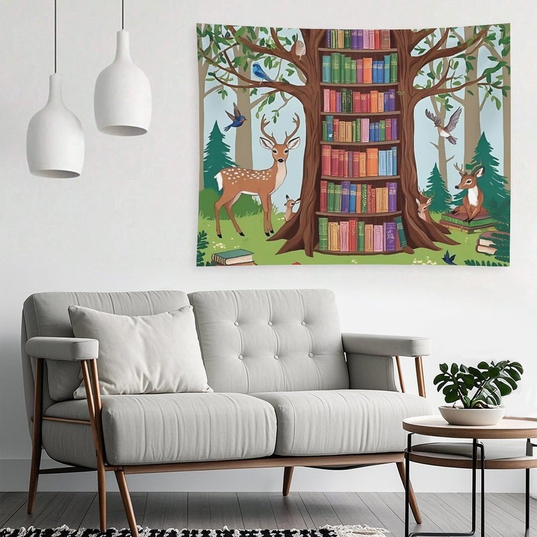 Enchanted Forest Library – Whimsical Book Haven Illustration Tapestry