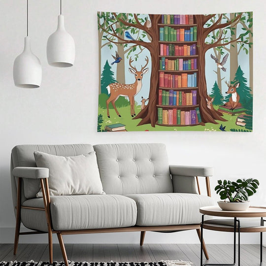 Enchanted Forest Library – Whimsical Book Haven Illustration Tapestry
