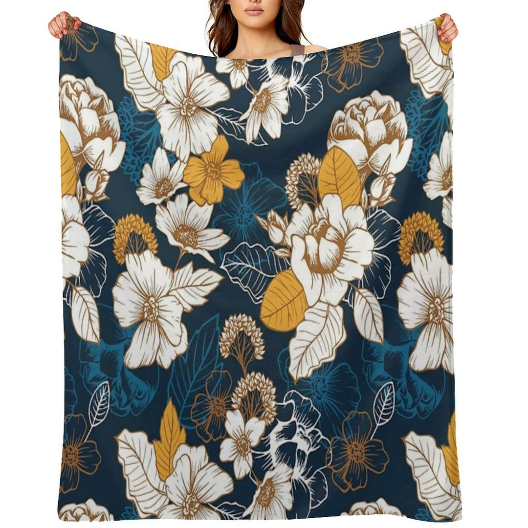 Navy And Gold Peony And Blossom Seamless Pattern Sustainable Throw Blanket