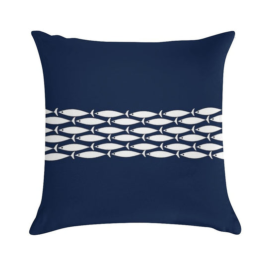 Fish Stripe 6 - Minimalist Midcentury Modern Fish in White And Nautical Navy Blue Soft Anti-Pilling Throw Pillow