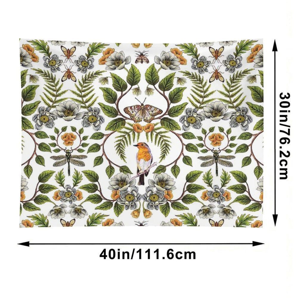 Spring Reflection - FloralBotanical Pattern W Birds, Moths, Dragonflies & Flowers Tapestry