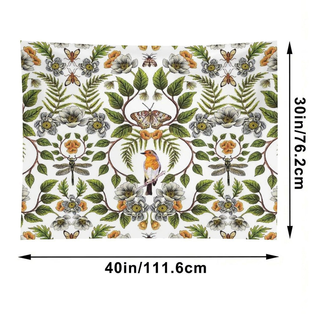 Spring Reflection - FloralBotanical Pattern W Birds, Moths, Dragonflies & Flowers Tapestry