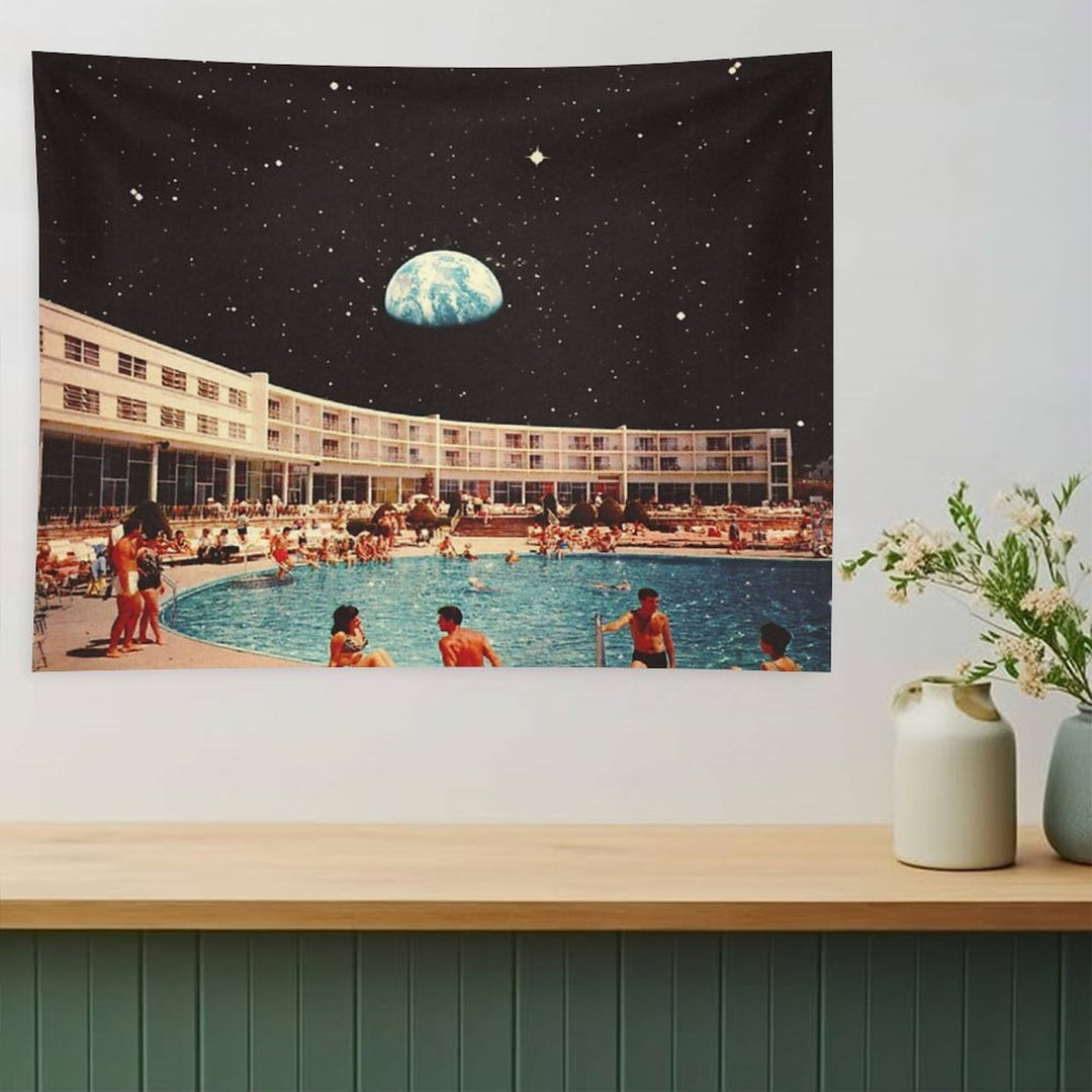 Lunar Pool Life - Retro-Futuristic Holiday Resort, Science Fiction Collage Tapestry