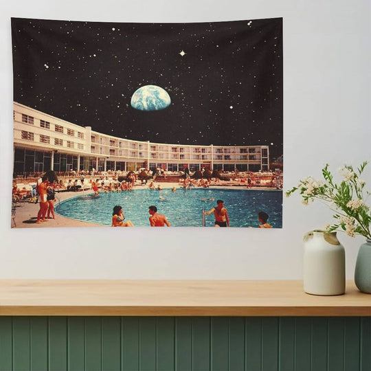 Lunar Pool Life - Retro-Futuristic Holiday Resort, Science Fiction Collage Tapestry
