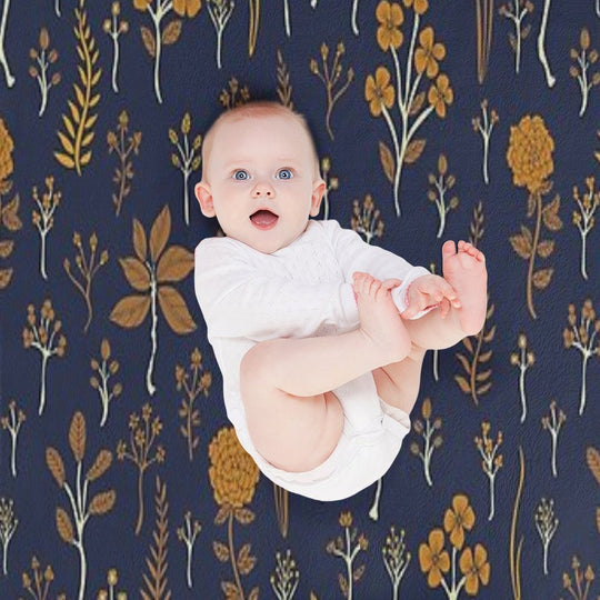 Navy Blue & Mustard Yellow Floral Pattern Comfort Throw Blanket