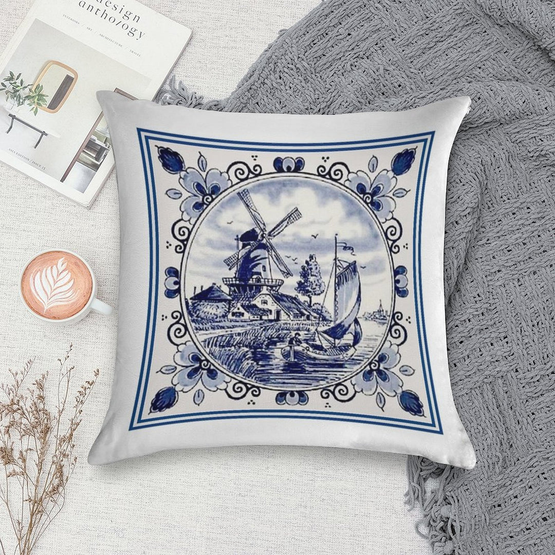 DUTCH BLUE DELFT Vintage Windmill Print Soft Gift Ready Throw Pillow