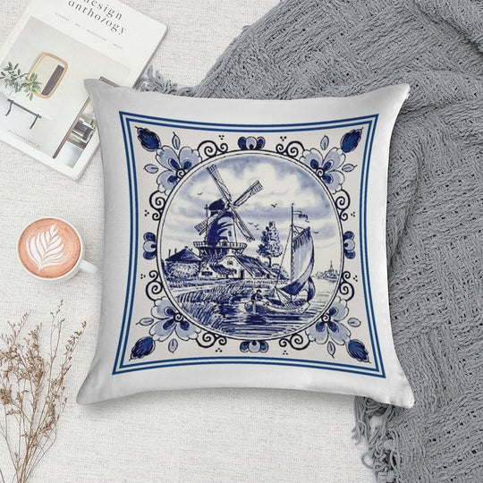 DUTCH BLUE DELFT Vintage Windmill Print Soft Gift Ready Throw Pillow