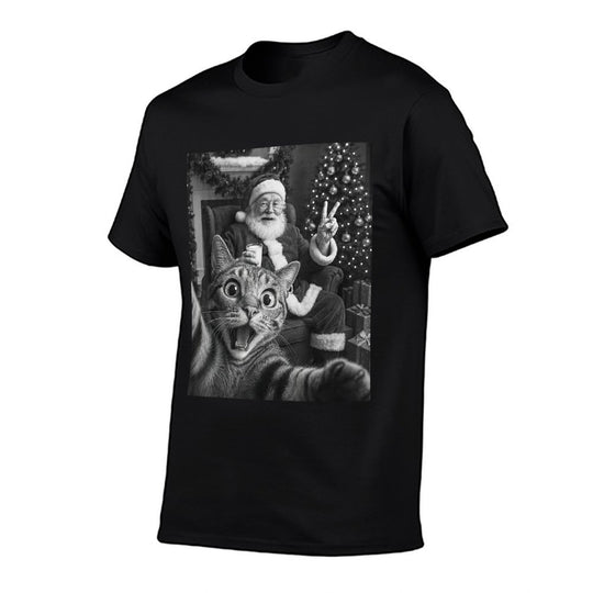 Christmas Santa Claus Merry X-Mas Funny Cat Selfie Men Women  Rolled Sleeves T-Shirt