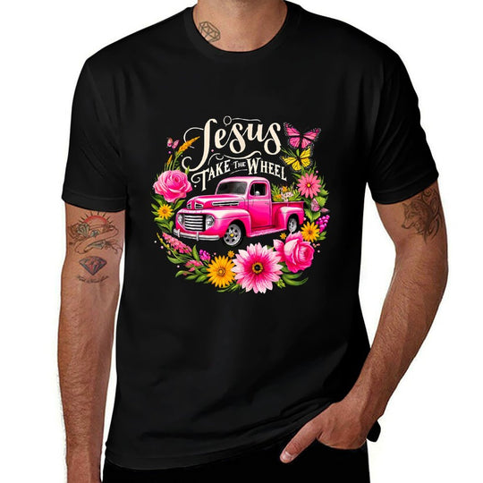 Jesus Take The Wheel Floral Farm Truck Christmas Xmas  Summer-ready Fabric T-Shirt