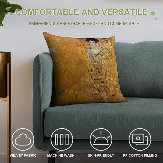 Gustav Klimt  Lady in Gold, Oil Paintings Soft Fade-Resistant Throw Pillow