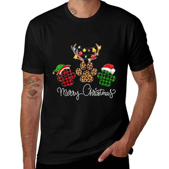 Merry Christmas Dog Paws Lights Buffalo Plaid  Leopard Xmas Men Women Kids  Heathered Texture T-Shirt
