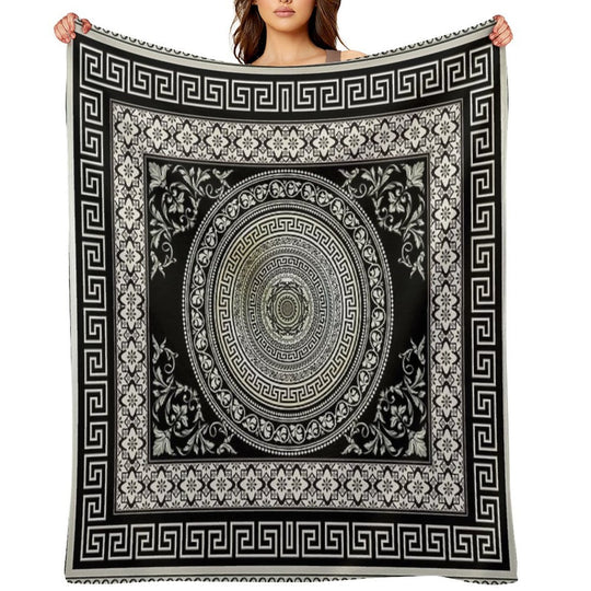 Greek Key Meander Black Cream Ornate Medallion Machine-washable Throw Blanket