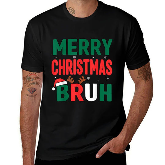 Bruh Christmas Kids Xmas Menn Boys Funny Christmas  Ribbed Collar T-Shirt