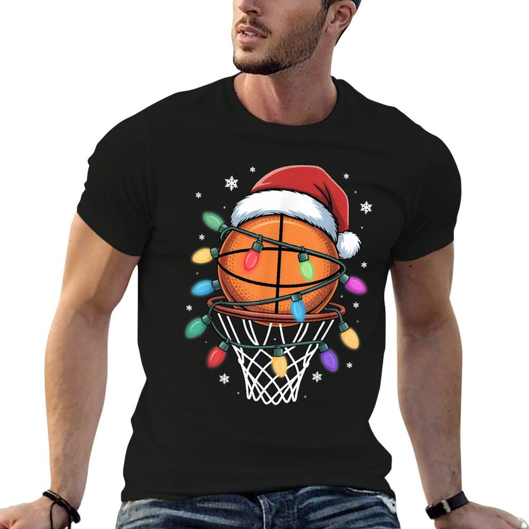 Christmas Basketball Santa Hat Xmas Light Basketball Lover  Slim-fit Cut T-Shirt