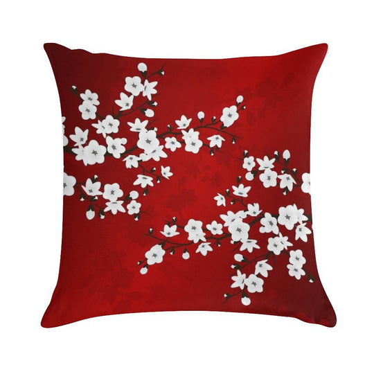 Cherry Blossom Red White Asia Floral Soft Short Plush Fabric Throw Pillow