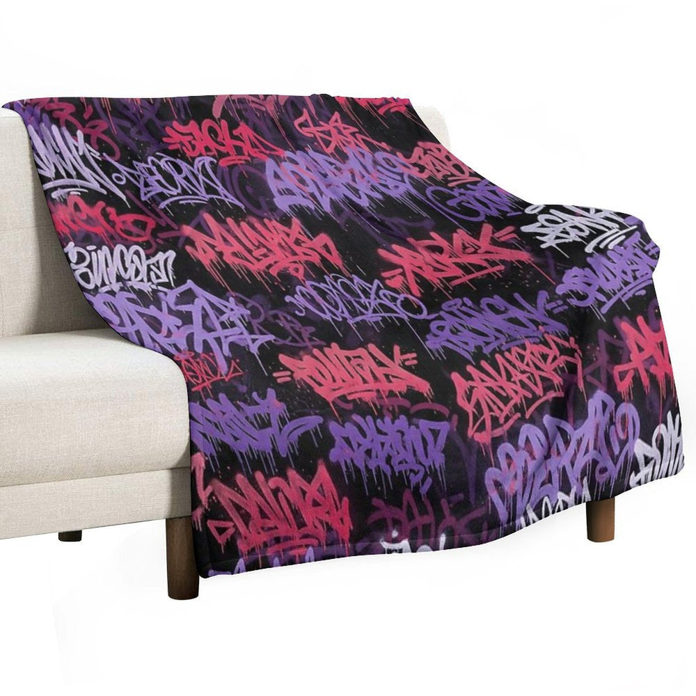 Cyberpunk Graffiti Mural Purple Pinkish Red & White Tags on Black Plush Throw Blanket
